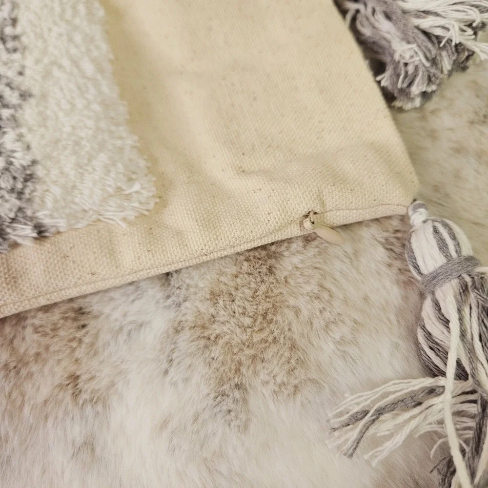Hmartour Cream Grey Tufted Tassel Throw Pillow Cover Rectangular Boho Farm Beach